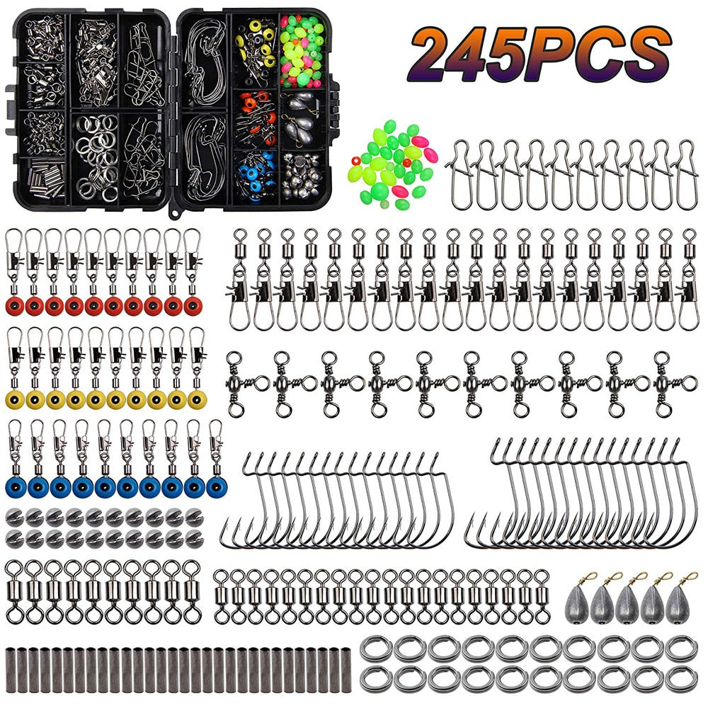 245Pcs/Box Fishing Accessories Kit Including Fishing Hooks Beads Swivels Snap Sinker Weight Fishing Terminal Tackle