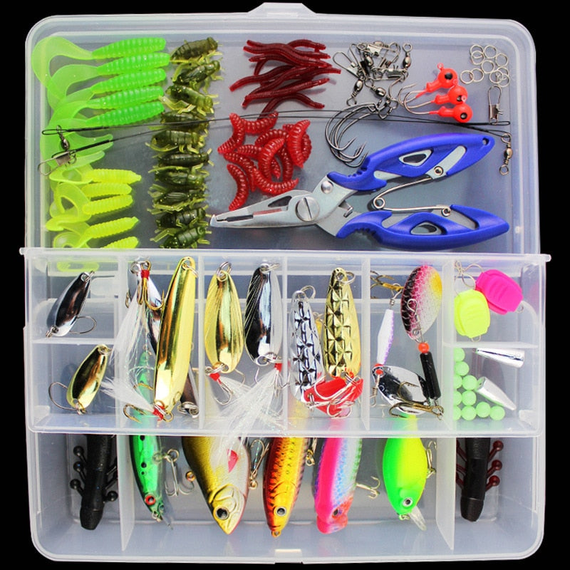 101pcs Lure Kit Set Spinner Crankbait Minnow Popper VIB Soft Hard Spoon Crank Baits Fishing Hooks Fishing Tackle Box Accessories