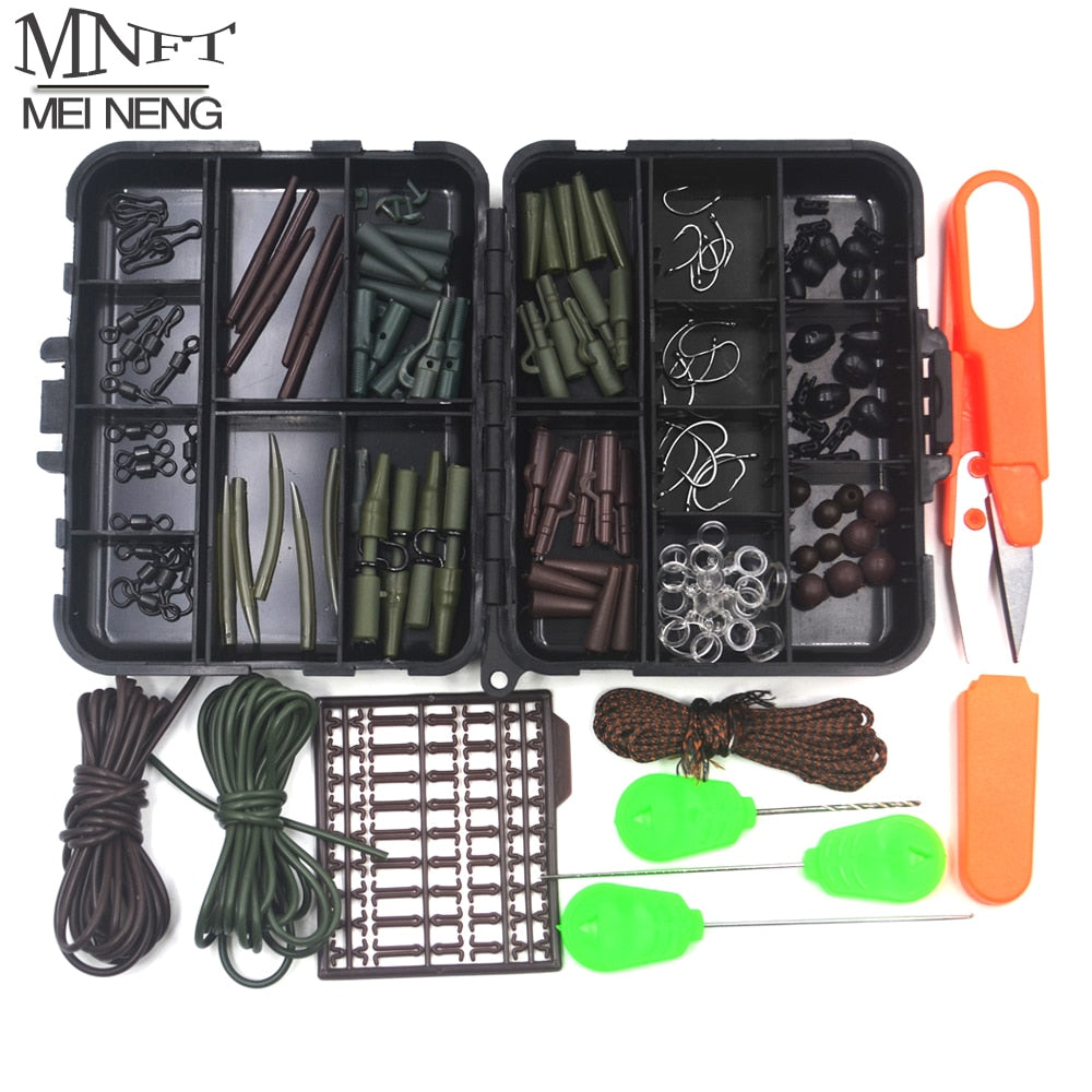 MNFT 1Set Carp Fishing Tackle Kit Box Lead Clips/Beads/Hooks/Scissors/Rigging/ Anti-tangle Sleeves/Swivels Baits Terminal Tackle